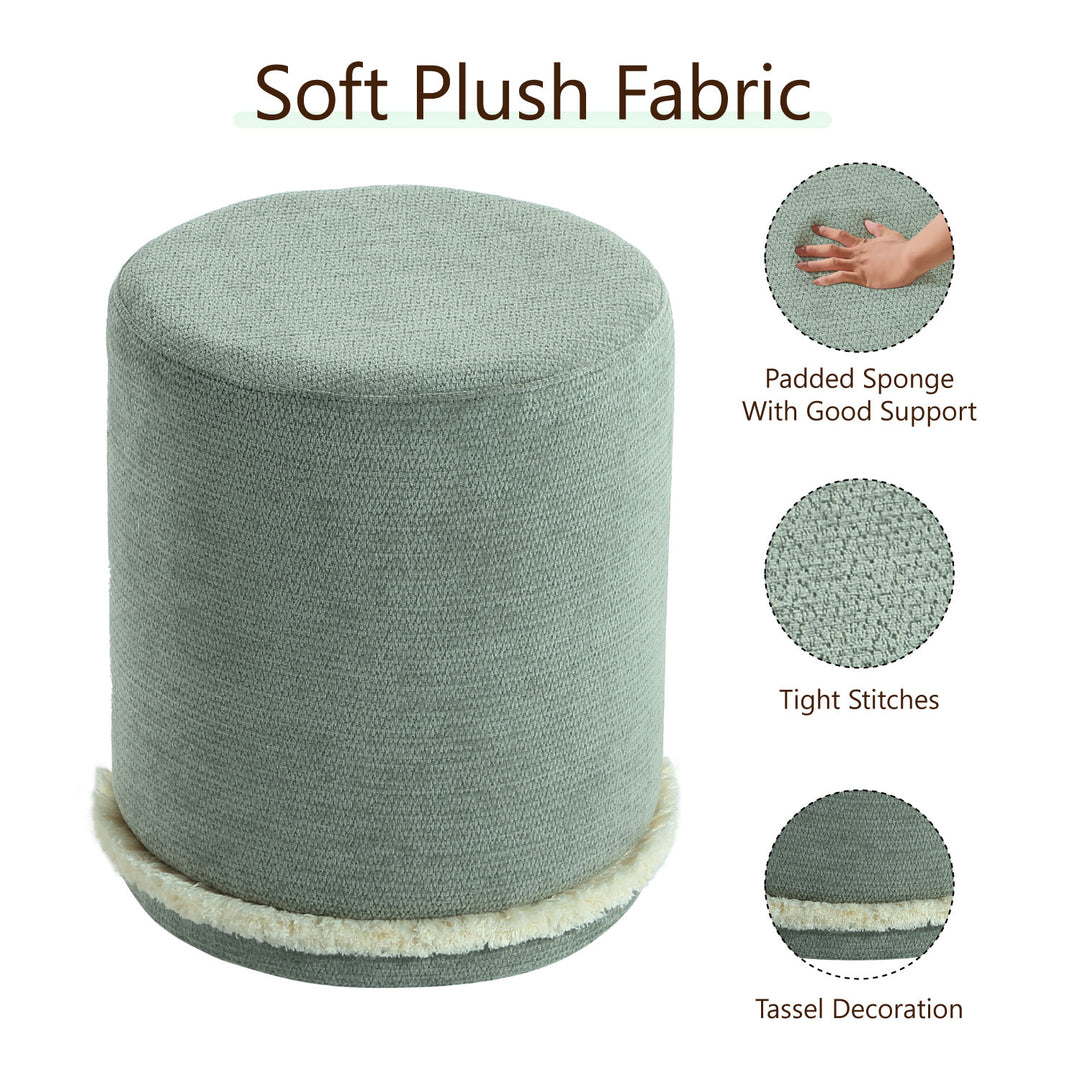 Cirque Round Plush Ottoman, Soft Upholstered Footrest & Vanity Stool for Living Room or Bedroom, Chic Minimal Accent Piece in Neutral Tones (Malachite Green)