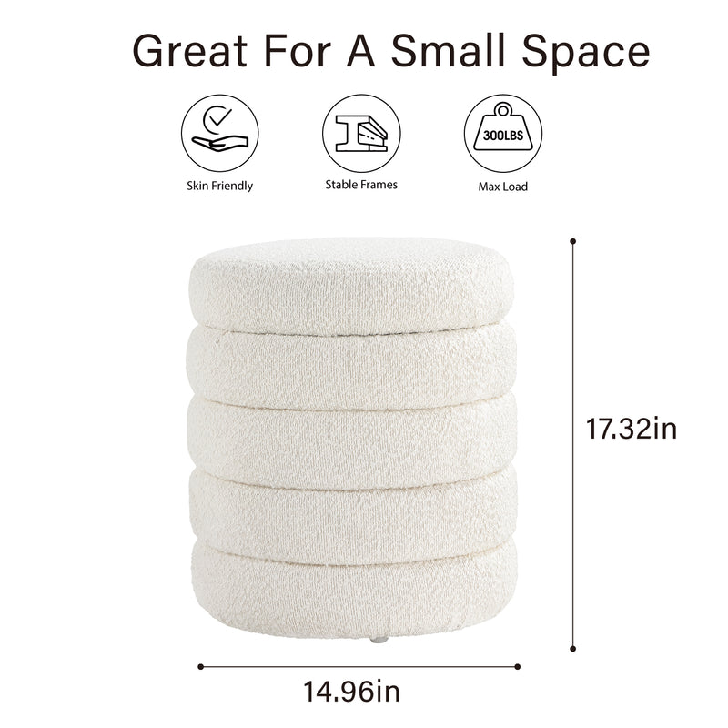 White Fabric Round Ottoman with Storage 