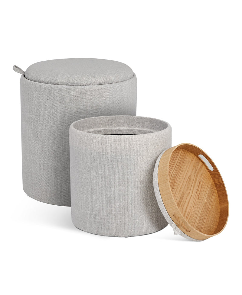 Lambert Round Tray Ottoman (Set of 2): Light grey linen