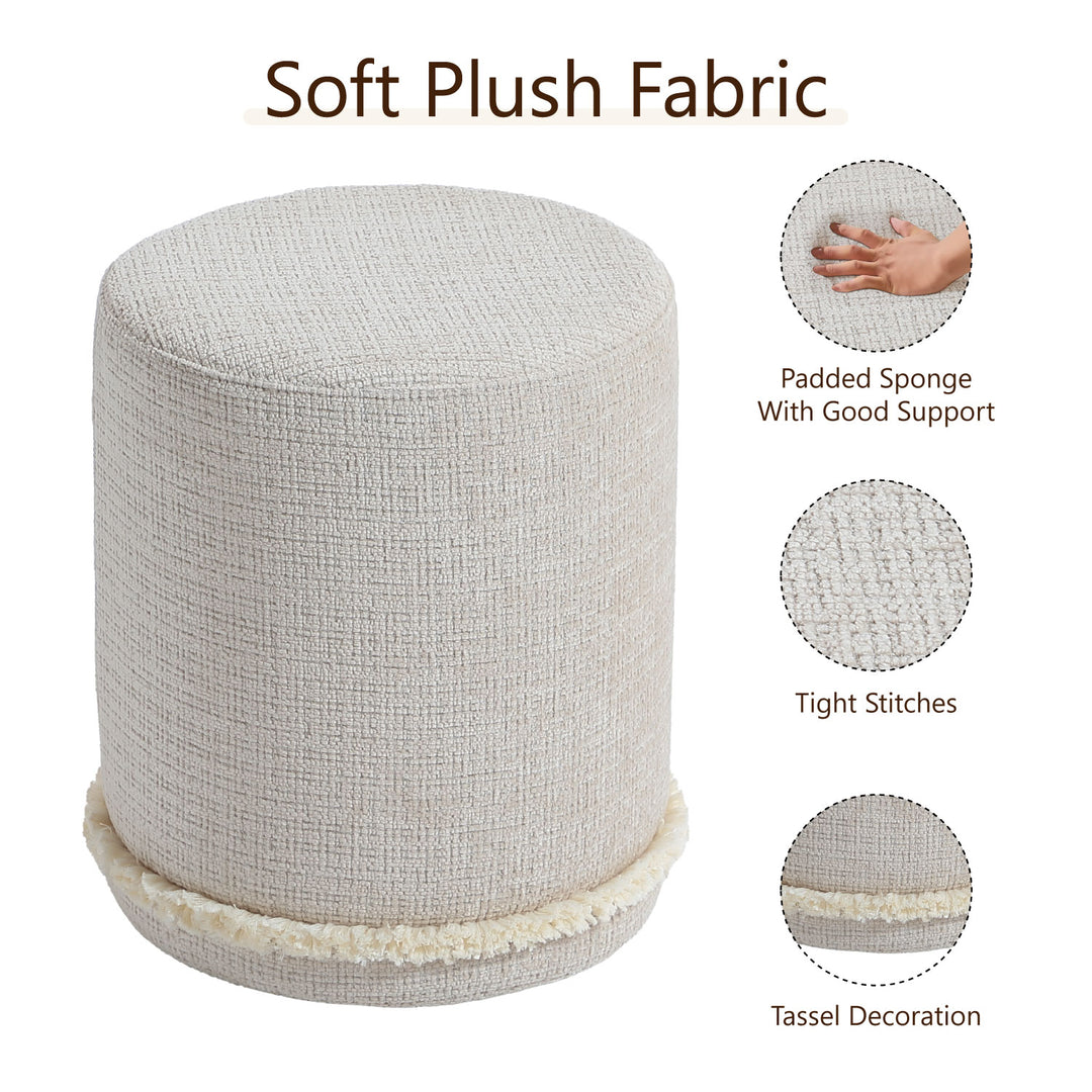 Cirque Round Plush Ottoman, Soft Upholstered Footrest & Vanity Stool for Living Room or Bedroom, Chic Minimal Accent Piece in Neutral Tones (Taupe Beige)