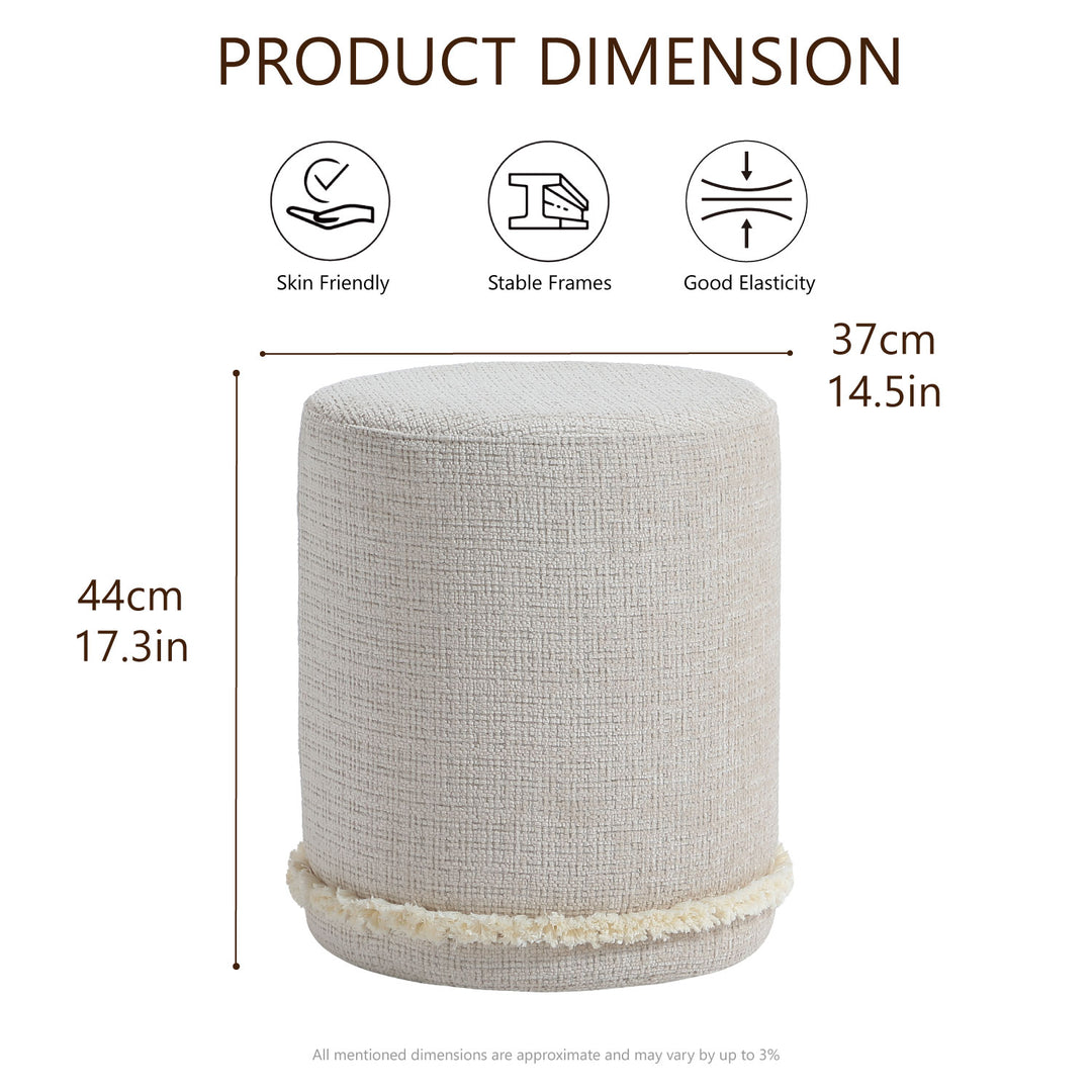 Cirque Round Plush Ottoman, Soft Upholstered Footrest & Vanity Stool for Living Room or Bedroom, Chic Minimal Accent Piece in Neutral Tones (Taupe Beige)