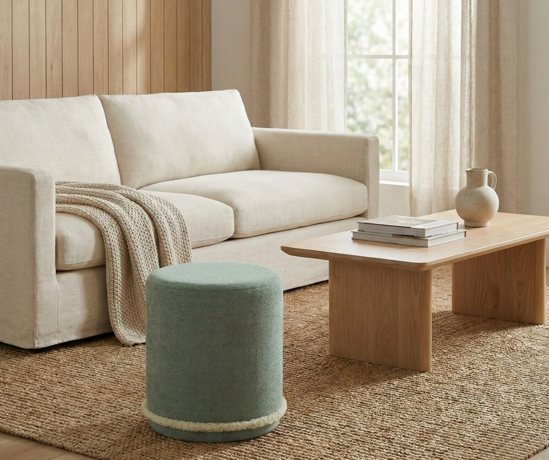 Cirque Round Plush Ottoman, Soft Upholstered Footrest & Vanity Stool for Living Room or Bedroom, Chic Minimal Accent Piece in Neutral Tones (Malachite Green)