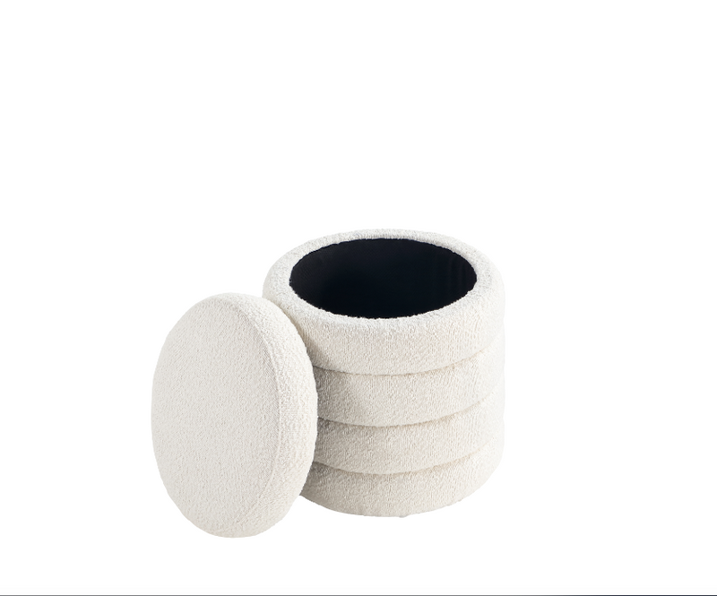 White Fabric Round Ottoman with Storage 