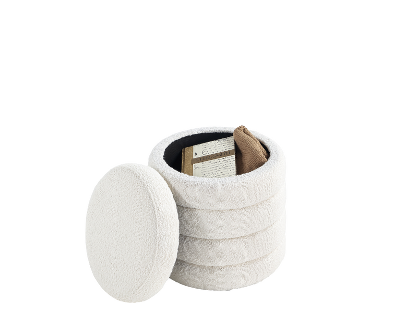 White Fabric Round Ottoman with Storage 