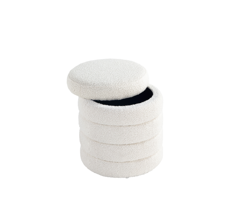 White Fabric Round Ottoman with Storage 