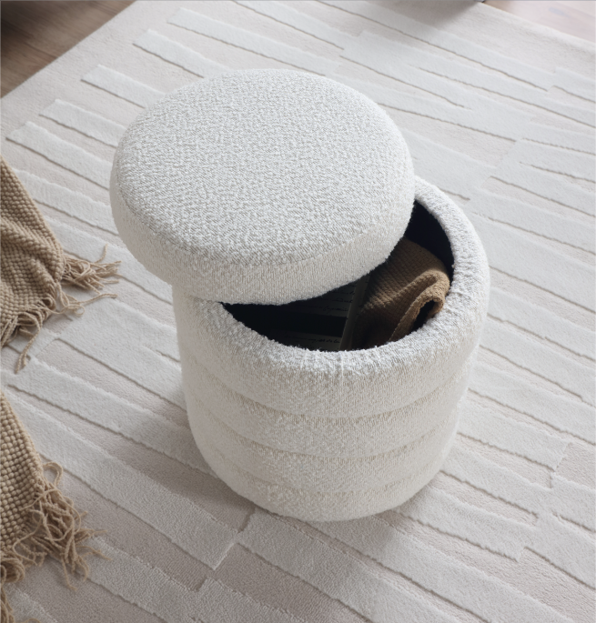 White Fabric Round Ottoman with Storage 