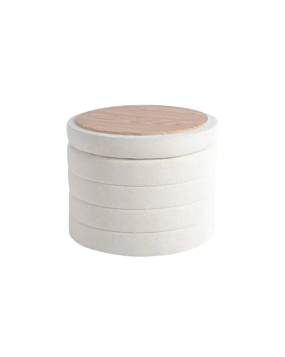 White ceramic jar with a wooden lid on a white background