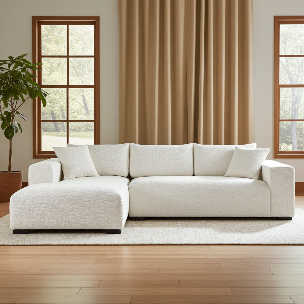 113" Wide Sectional sofa, Modern Boucle Fabric L-Shaped Sofa Couch Bed, 2 Pieces Modular Sectional Couch with Left Facing Chaise and 2 Pillows (White)