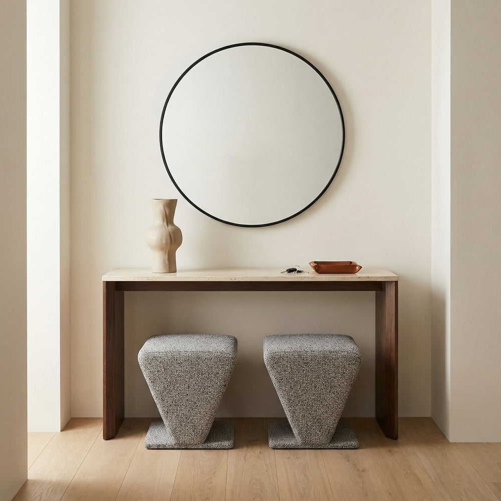 Diamond Plush Upholstery Ottoman Stool - Modern Geometric Vanity Chair and Footrest in Mocha Brown and Salt and Pepper Gray by Get Set Style Furniture.