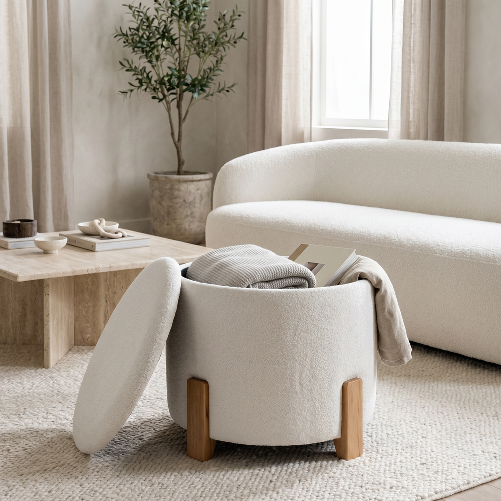 Round Storage Ottoman with Wooden Legs Get Set Style Furniture