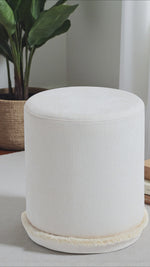 Load and play video in Gallery viewer, Cirque Round Plush Ottoman, Soft Upholstered Footrest &amp; Vanity Stool for Living Room or Bedroom, Chic Minimal Accent Piece in Neutral Tones (Taupe Beige)