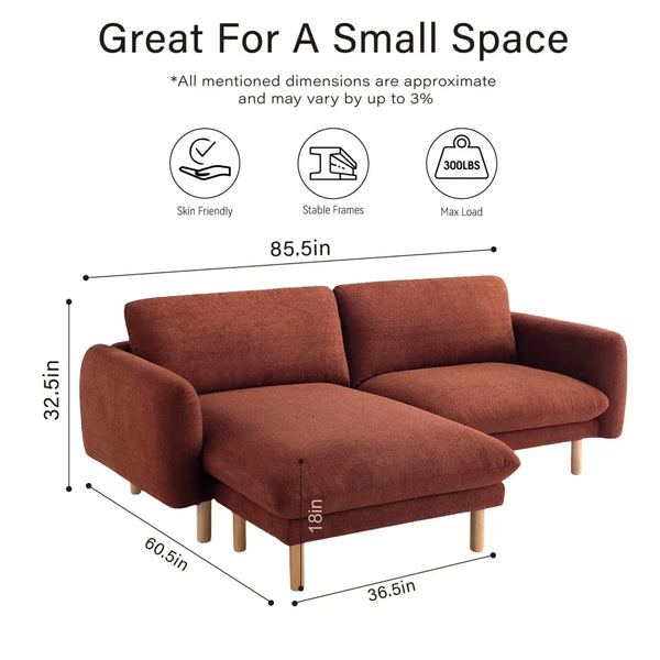 86"Wide Convertible Sectional Sofa, Modern L Shape Couches with Left/Right Reversible Chaise,  Mid-Century Sofa with Reversible Cushions (Cedar) #100210 Get Set Style Furniture