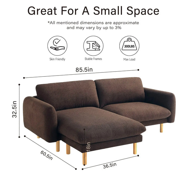 86"Wide Convertible Sectional Sofa, Modern L Shape Couches with Left/Right Reversible Chaise,  Mid-Century Sofa with Reversible Cushions (Chocolate) #100211 Get Set Style Furniture