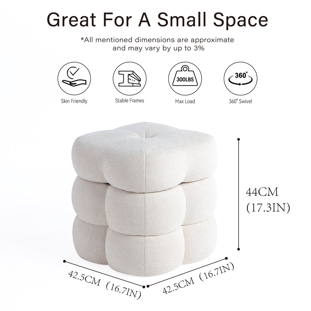 Flower Ottoman with Rotating Base,17.5in Accent Vanity Stool Multi-Functional Lounge Footrest or Extra Seating (White) #100304